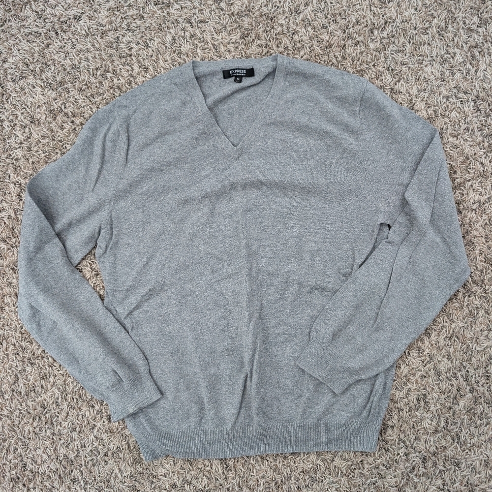 Express Light Gray Cotton-Merino Wool V-Neck Sweater - Size Medium